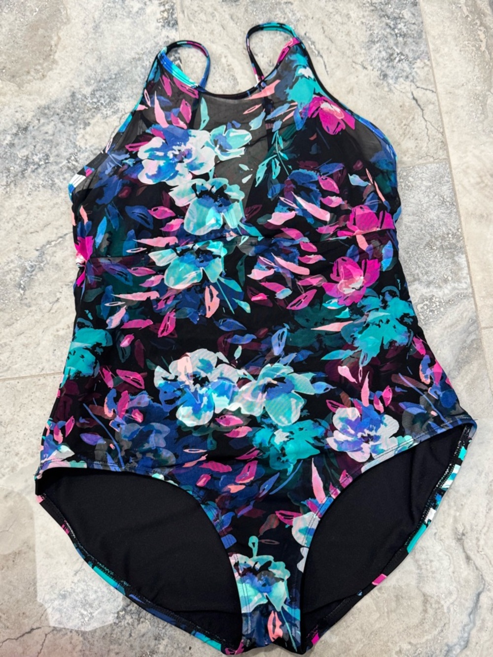 Time and Tru Floral One-Piece Swimsuit in Black, Teal & Pink